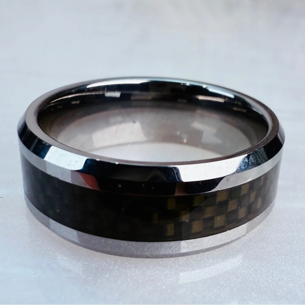 Men's silvertone Black Carbon Fiber Ring sz 9 1/2